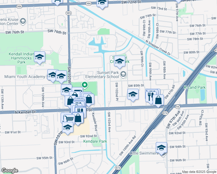 map of restaurants, bars, coffee shops, grocery stores, and more near 8424 Southwest 102nd Place in Miami