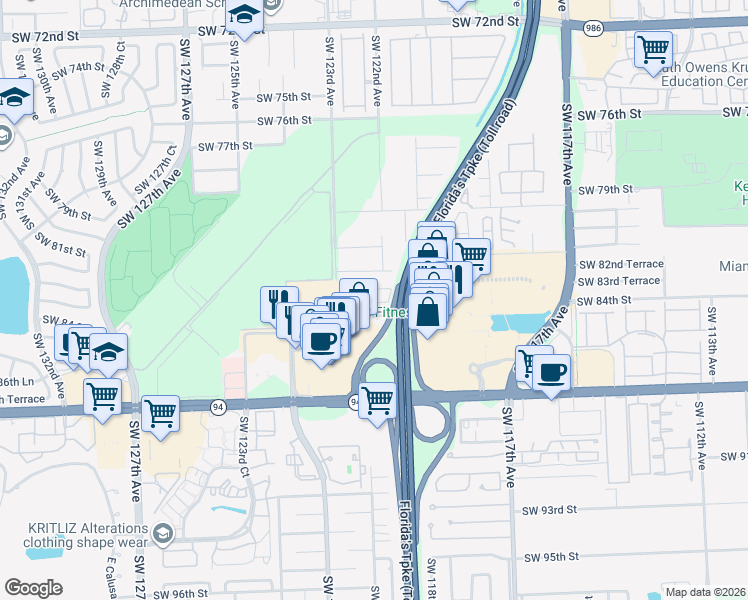 map of restaurants, bars, coffee shops, grocery stores, and more near 8351 Southwest 124th Avenue in Miami