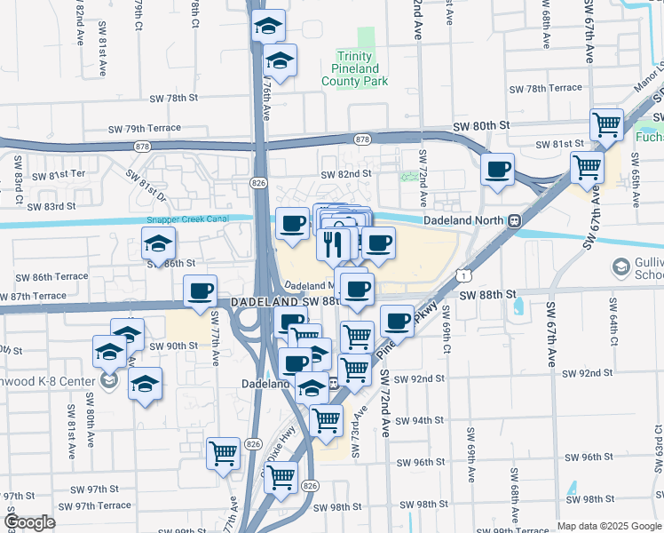 map of restaurants, bars, coffee shops, grocery stores, and more near 7535 Dadeland Mall Circle West in Kendall