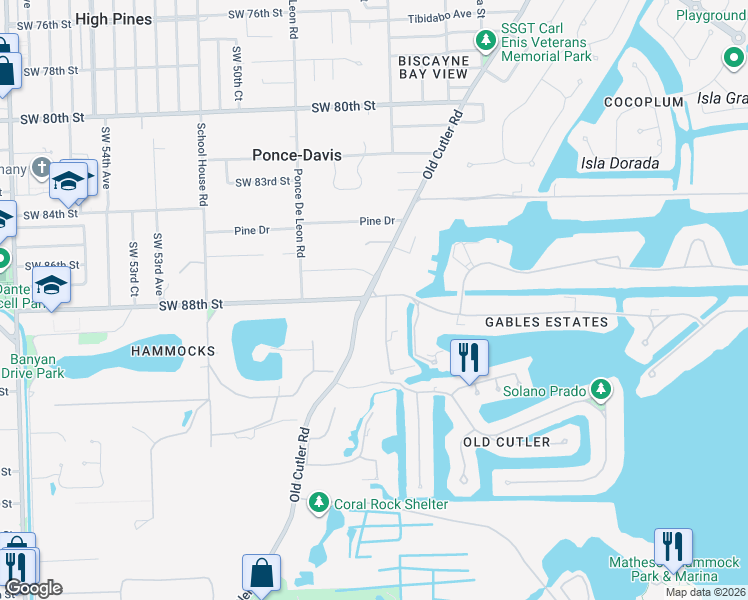 map of restaurants, bars, coffee shops, grocery stores, and more near 8550 Arvida Drive in Coral Gables