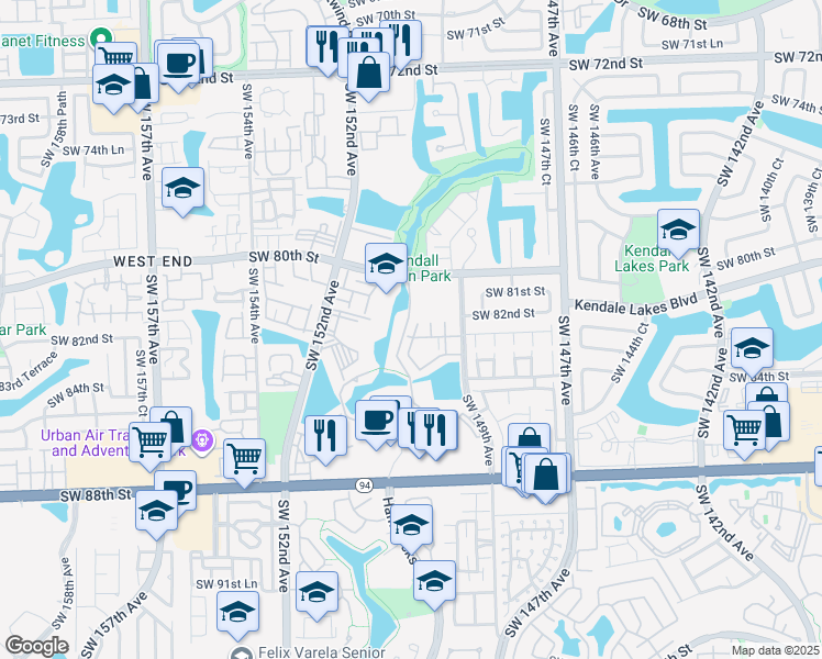map of restaurants, bars, coffee shops, grocery stores, and more near 8249 Southwest 149th Court in Miami