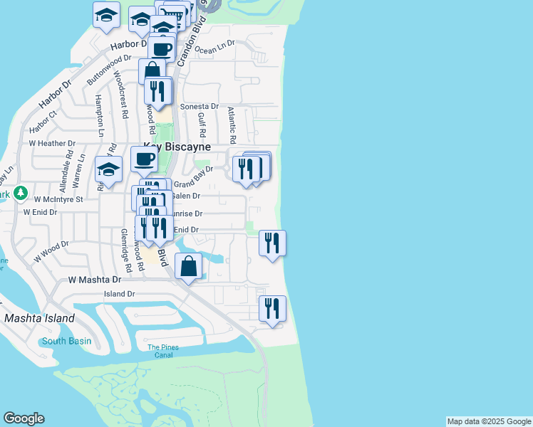 map of restaurants, bars, coffee shops, grocery stores, and more near 615 Ocean Drive in Key Biscayne