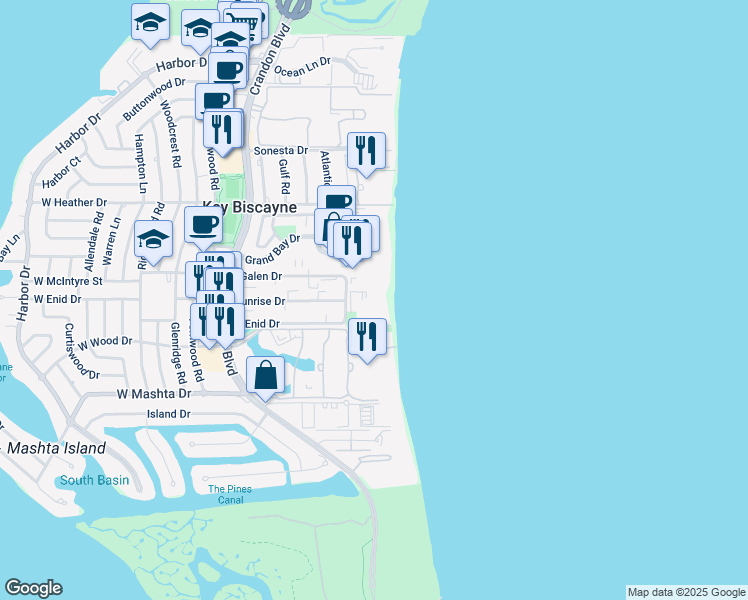 map of restaurants, bars, coffee shops, grocery stores, and more near 605 Ocean Drive in Miami