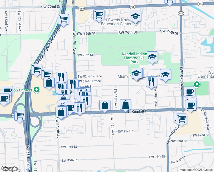 map of restaurants, bars, coffee shops, grocery stores, and more near 11377 Southwest 84th Street in Miami