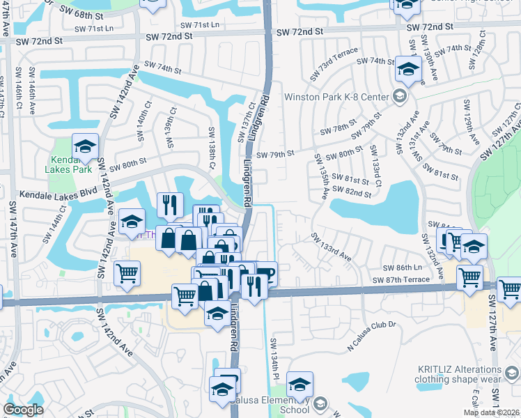 map of restaurants, bars, coffee shops, grocery stores, and more near 8125 Southwest 136th Place in Miami
