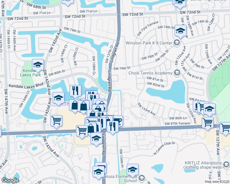 map of restaurants, bars, coffee shops, grocery stores, and more near 8125 Southwest 136th Place in Miami