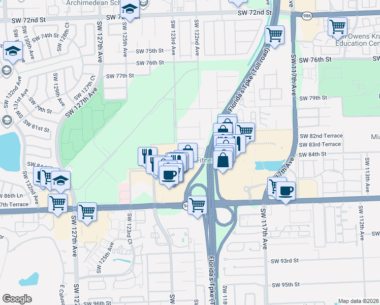 map of restaurants, bars, coffee shops, grocery stores, and more near 8341 Southwest 124th Avenue in Miami