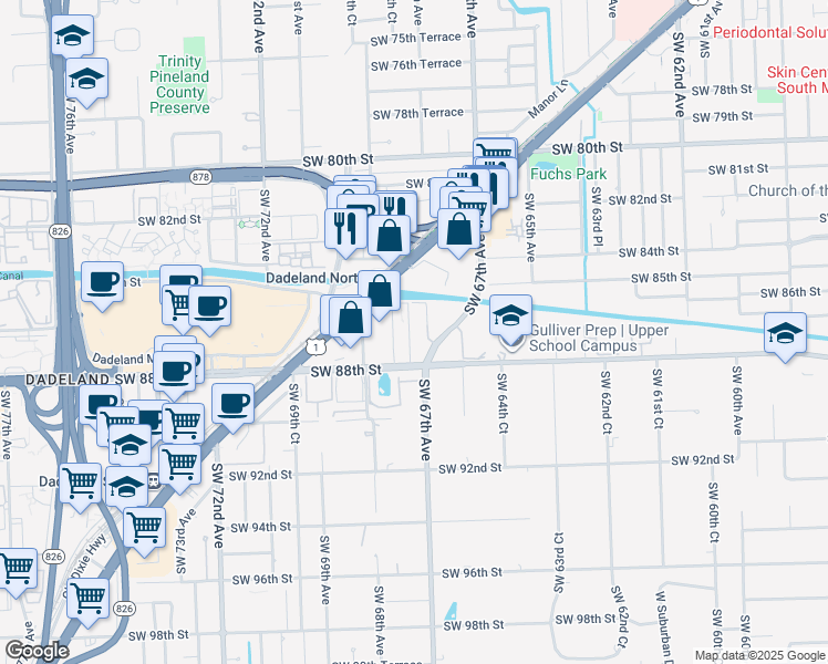 map of restaurants, bars, coffee shops, grocery stores, and more near 6757 North Kendall Drive in Miami