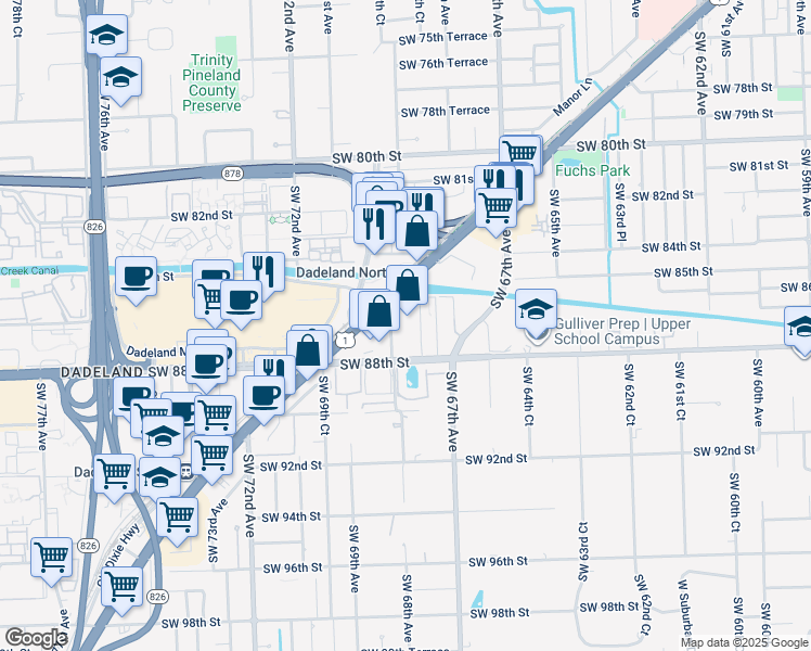 map of restaurants, bars, coffee shops, grocery stores, and more near 8545 South Dixie Highway in Miami