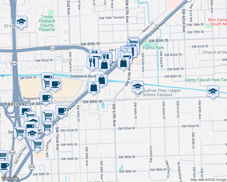 map of restaurants, bars, coffee shops, grocery stores, and more near 6707 North Kendall Drive in Miami
