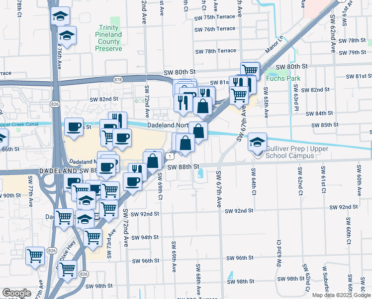 map of restaurants, bars, coffee shops, grocery stores, and more near 8545 South Dixie Highway in Miami