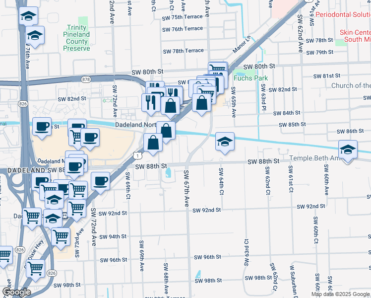 map of restaurants, bars, coffee shops, grocery stores, and more near 6707 North Kendall Drive in Miami