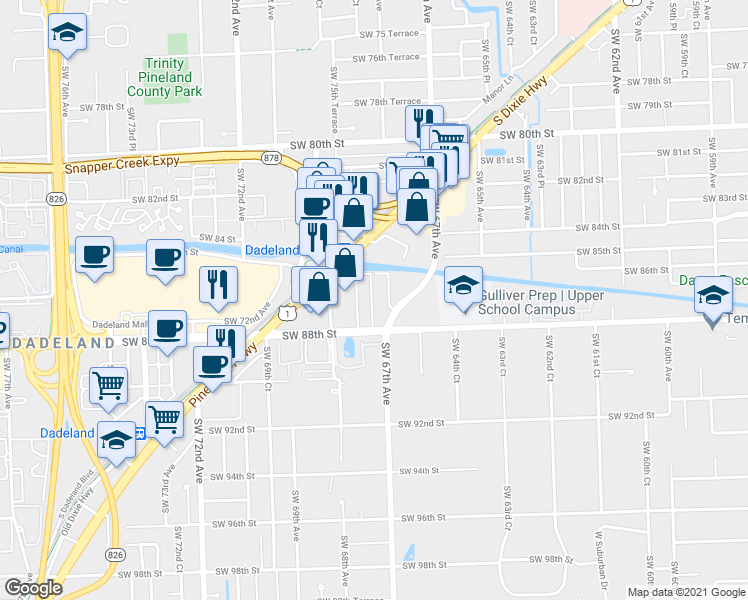 map of restaurants, bars, coffee shops, grocery stores, and more near 6757 North Kendall Drive in Miami