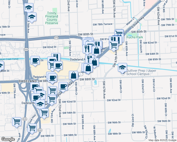 map of restaurants, bars, coffee shops, grocery stores, and more near 8545 South Dixie Highway in Miami