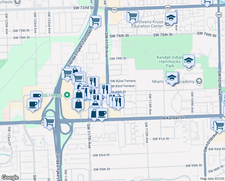 map of restaurants, bars, coffee shops, grocery stores, and more near 11620 Southwest 83rd Terrace in Miami