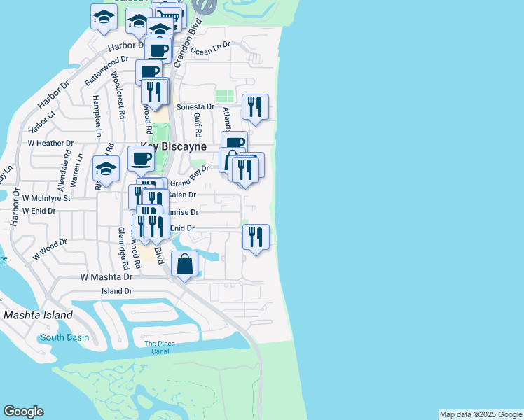 map of restaurants, bars, coffee shops, grocery stores, and more near 605 Ocean Drive in Miami