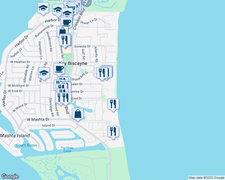 map of restaurants, bars, coffee shops, grocery stores, and more near 605 Ocean Drive in Miami