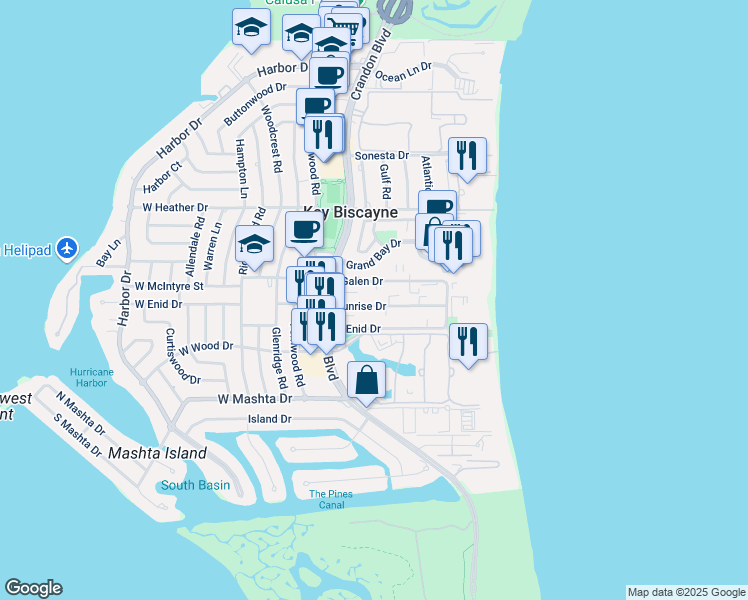 map of restaurants, bars, coffee shops, grocery stores, and more near 201 Sunrise Drive in Key Biscayne