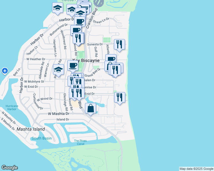 map of restaurants, bars, coffee shops, grocery stores, and more near 285 Sunrise Drive in Key Biscayne