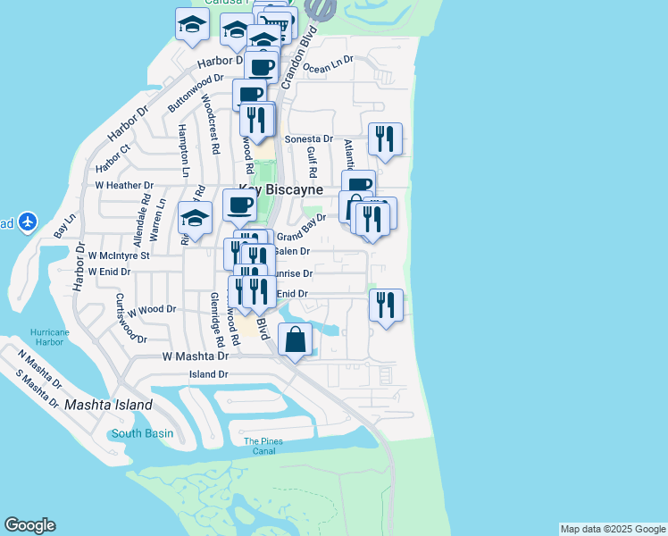 map of restaurants, bars, coffee shops, grocery stores, and more near 285 Sunrise Drive in Key Biscayne