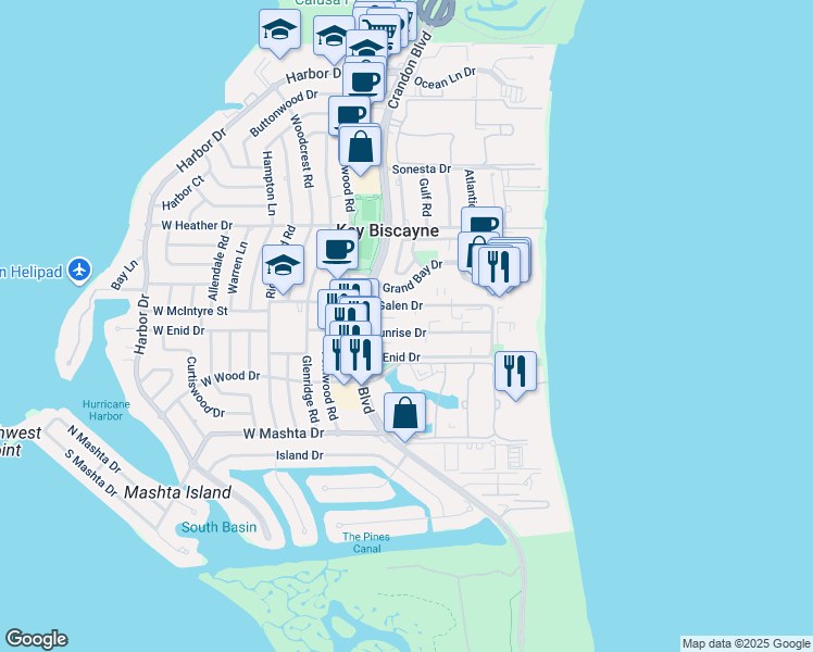 map of restaurants, bars, coffee shops, grocery stores, and more near 201 Sunrise Drive in Miami