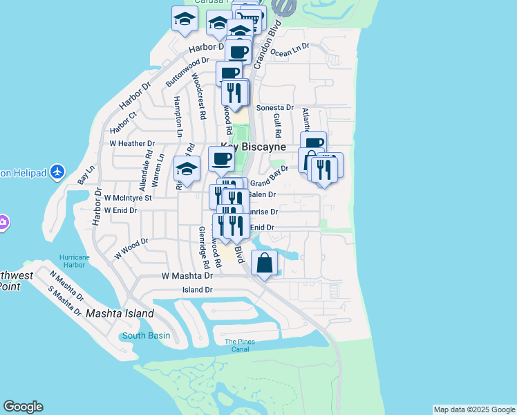 map of restaurants, bars, coffee shops, grocery stores, and more near 115 Sunrise Drive in Key Biscayne