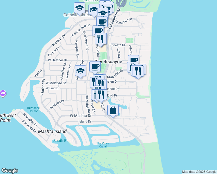 map of restaurants, bars, coffee shops, grocery stores, and more near 115 Sunrise Drive in Key Biscayne
