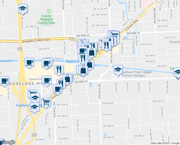 map of restaurants, bars, coffee shops, grocery stores, and more near 8545 South Dixie Highway in Miami