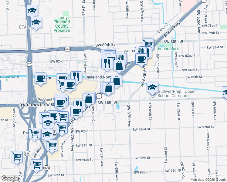 map of restaurants, bars, coffee shops, grocery stores, and more near 8545 South Dixie Highway in Miami