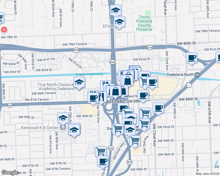 map of restaurants, bars, coffee shops, grocery stores, and more near Southwest 77th Avenue in Kendall