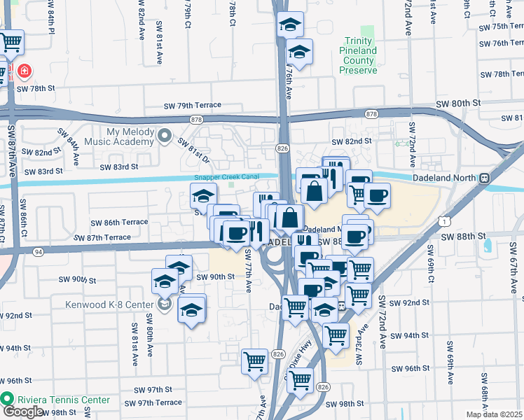 map of restaurants, bars, coffee shops, grocery stores, and more near 7745 Southwest 86th Street in Miami