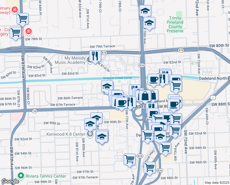 map of restaurants, bars, coffee shops, grocery stores, and more near 7777 Southwest 86th Street in Miami
