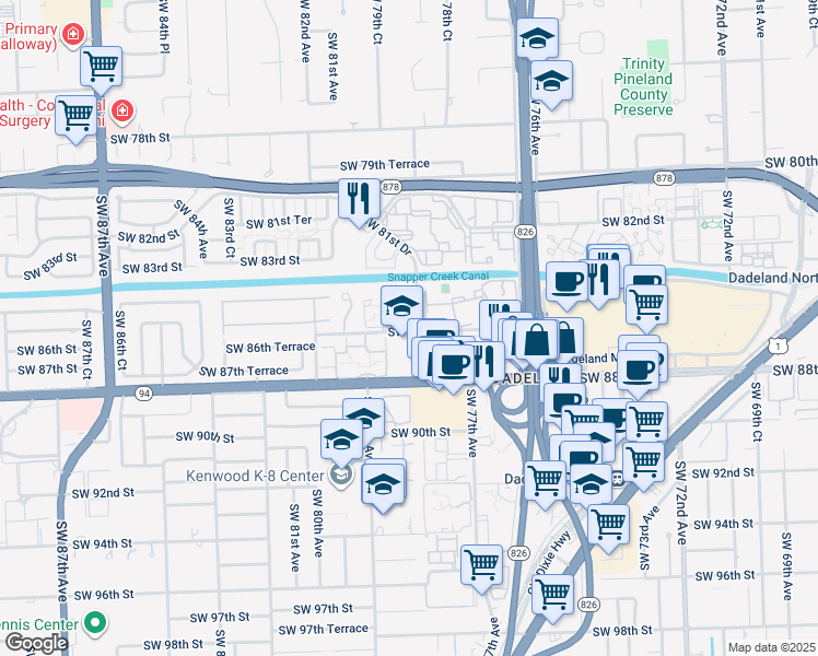 map of restaurants, bars, coffee shops, grocery stores, and more near 7905 Southwest 86th Street in Miami