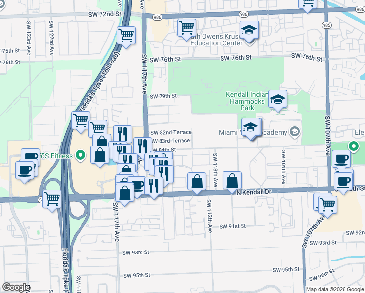 map of restaurants, bars, coffee shops, grocery stores, and more near 11440 Southwest 83rd Terrace in Miami