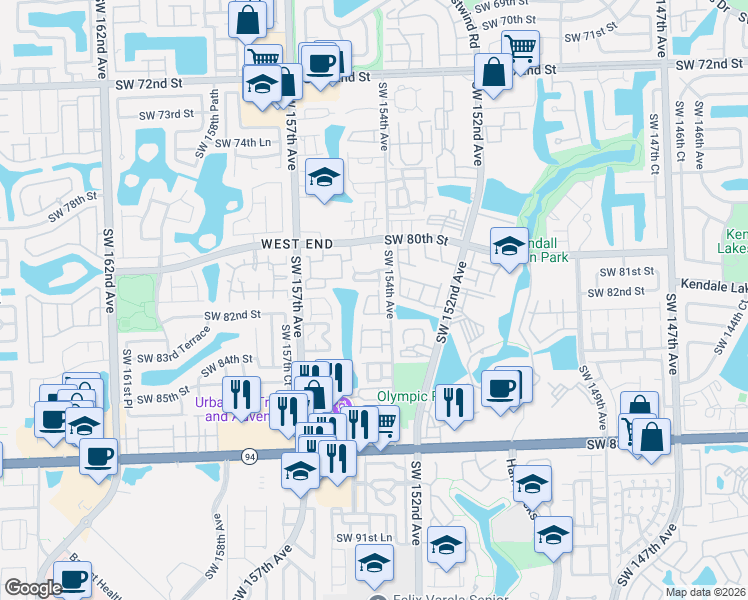 map of restaurants, bars, coffee shops, grocery stores, and more near 15430 Southwest 82nd Lane in Miami