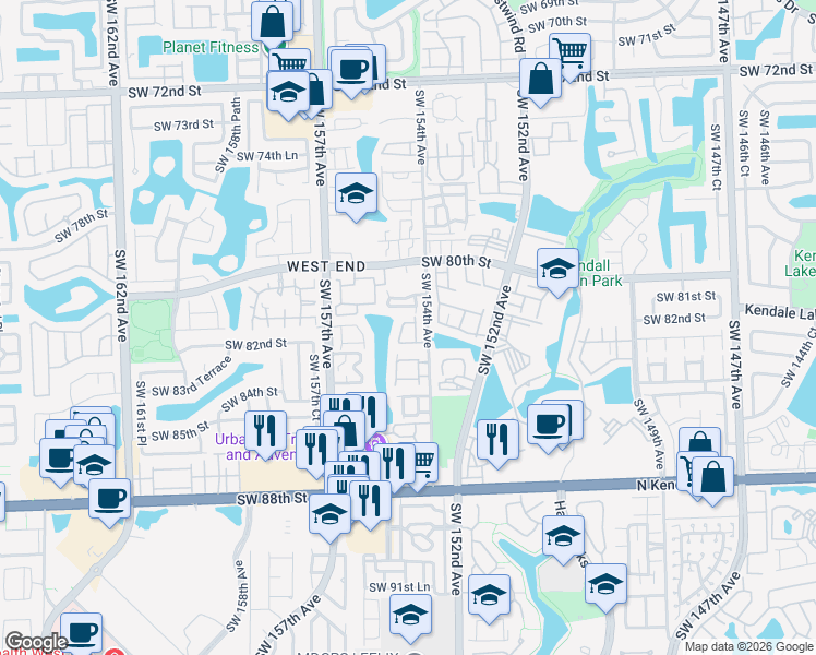 map of restaurants, bars, coffee shops, grocery stores, and more near 15430 Southwest 82nd Lane in Miami