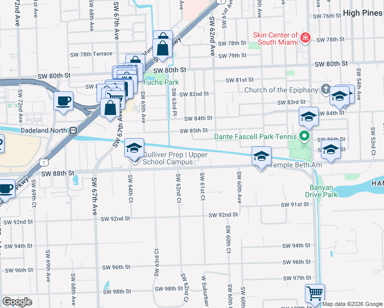 map of restaurants, bars, coffee shops, grocery stores, and more near 8767 Southwest 62nd Court in South Miami