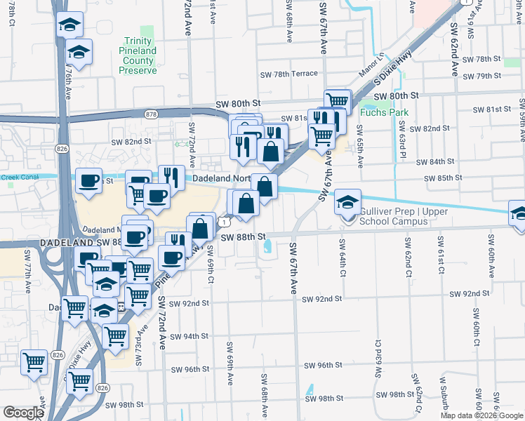 map of restaurants, bars, coffee shops, grocery stores, and more near 8545 South Dixie Highway in Miami