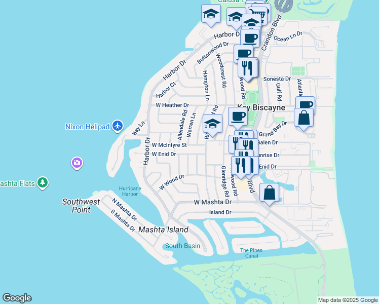 map of restaurants, bars, coffee shops, grocery stores, and more near 253 West Enid Drive in Key Biscayne