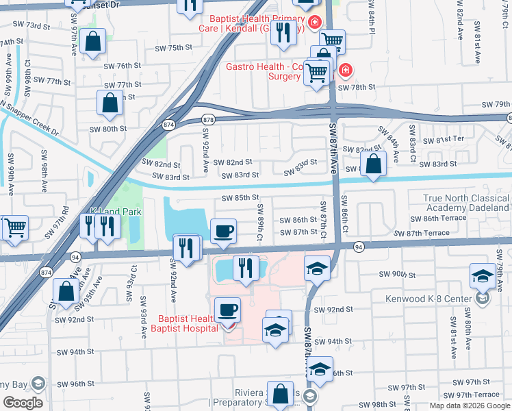 map of restaurants, bars, coffee shops, grocery stores, and more near 8950 Southwest 85th Street in Miami