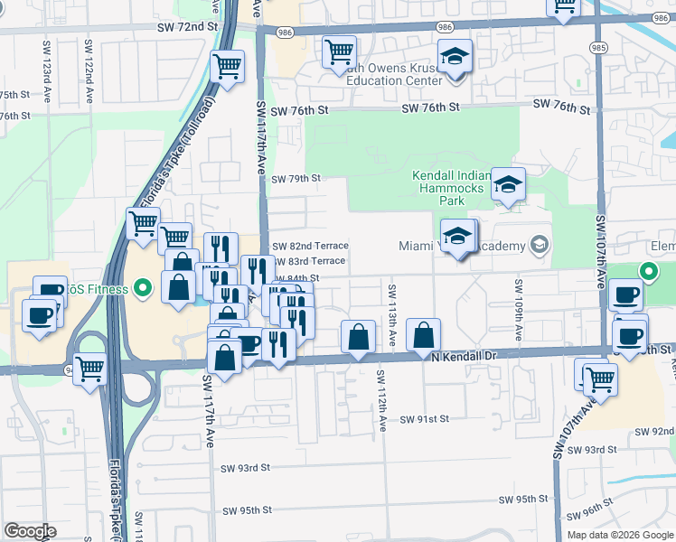 map of restaurants, bars, coffee shops, grocery stores, and more near 11407 Southwest 84th Street in Miami