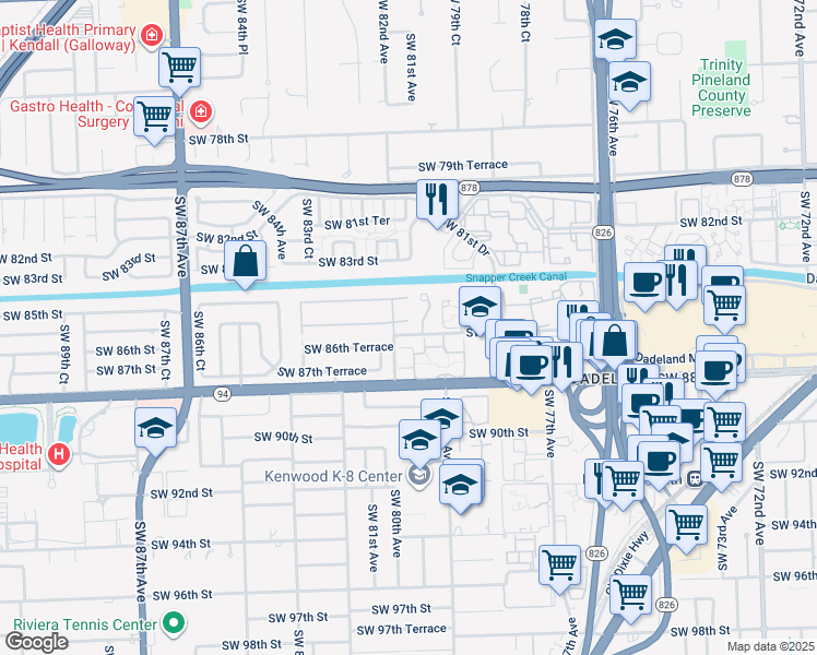map of restaurants, bars, coffee shops, grocery stores, and more near 8186 Southwest 85th Terrace in Miami
