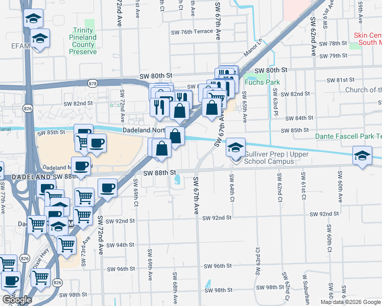 map of restaurants, bars, coffee shops, grocery stores, and more near 6757 North Kendall Drive in Miami
