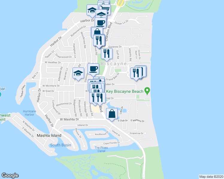 map of restaurants, bars, coffee shops, grocery stores, and more near 195 Sunrise Drive in Key Biscayne
