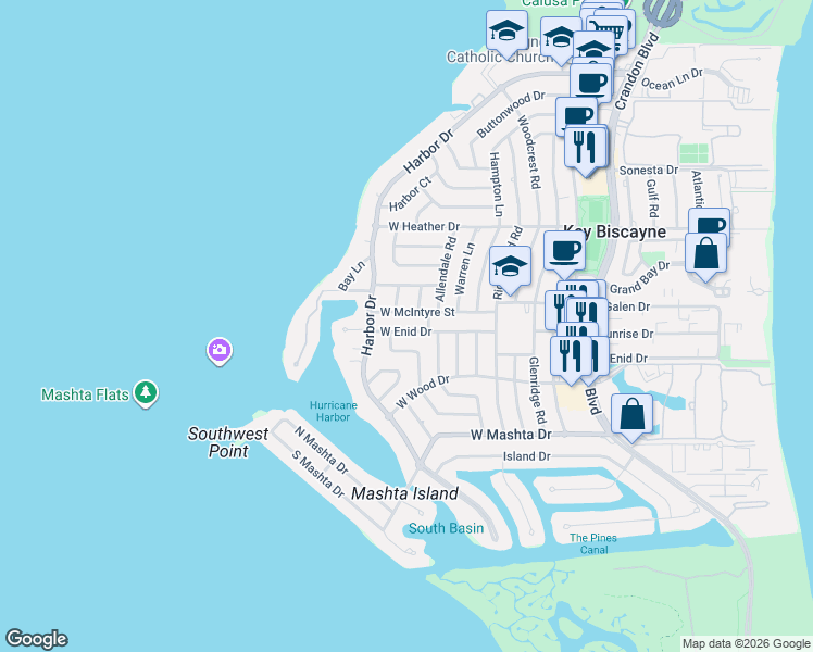 map of restaurants, bars, coffee shops, grocery stores, and more near 300 West McIntyre Street in Key Biscayne