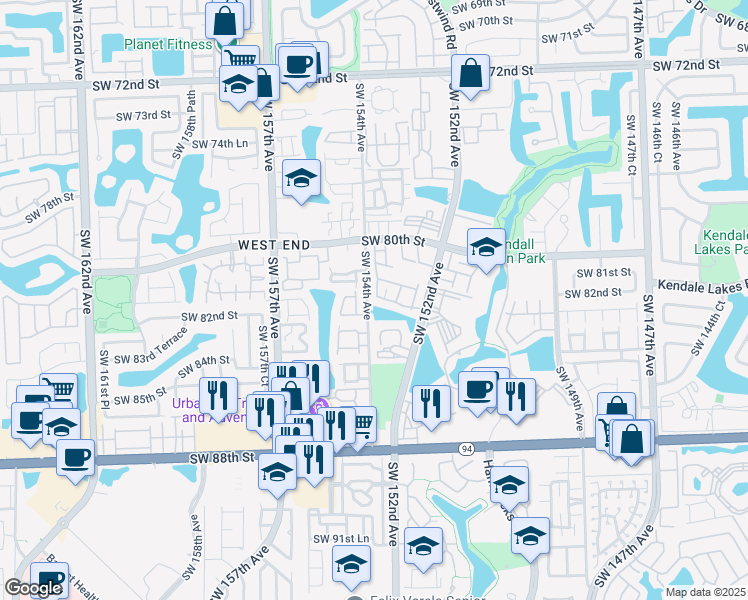 map of restaurants, bars, coffee shops, grocery stores, and more near 15320 Southwest 81st Lane in Miami