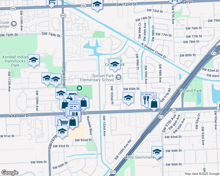 map of restaurants, bars, coffee shops, grocery stores, and more near 8424 Southwest 102nd Place in Miami
