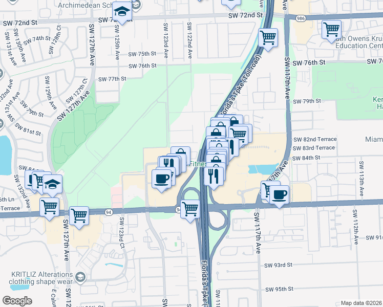 map of restaurants, bars, coffee shops, grocery stores, and more near 8321 Southwest 124th Avenue in Miami