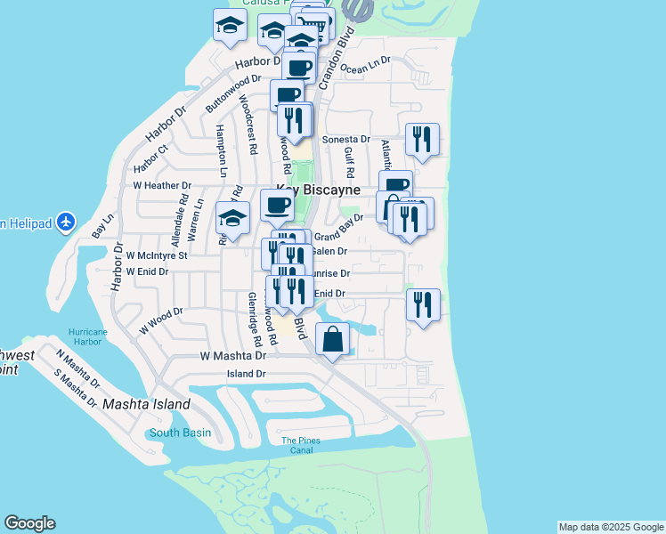 map of restaurants, bars, coffee shops, grocery stores, and more near 201 Sunrise Drive in Miami