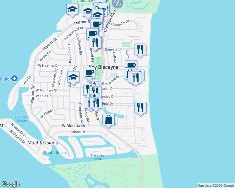 map of restaurants, bars, coffee shops, grocery stores, and more near 201 Sunrise Drive in Miami
